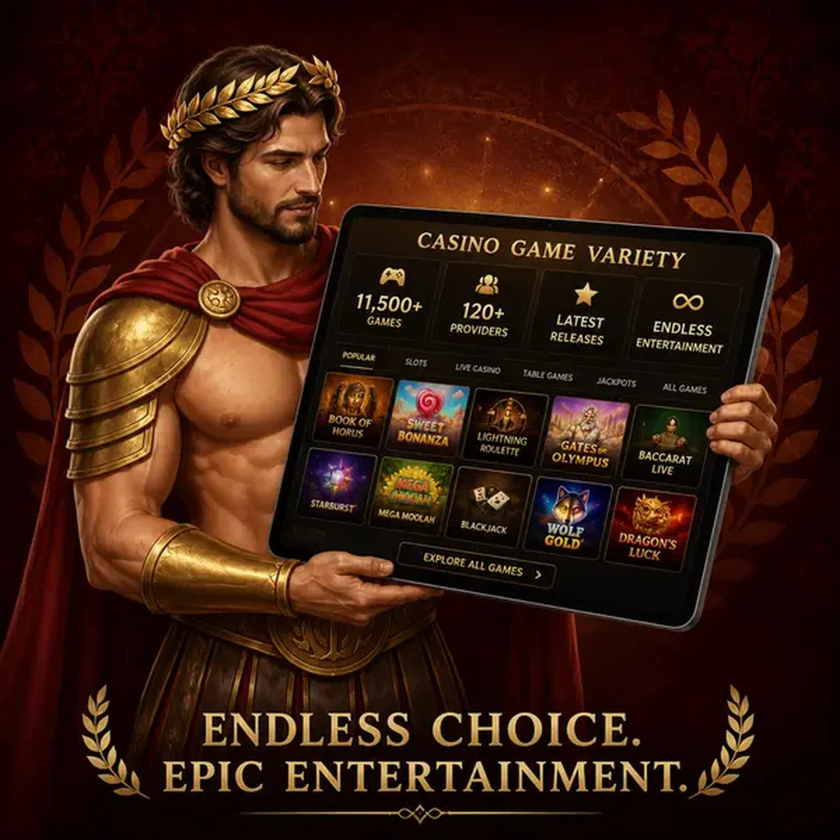 Legiano Laureate prezentujący 11 500+ gier kasynowych na tablecie w centrum różnorodności Legiano Casino Games